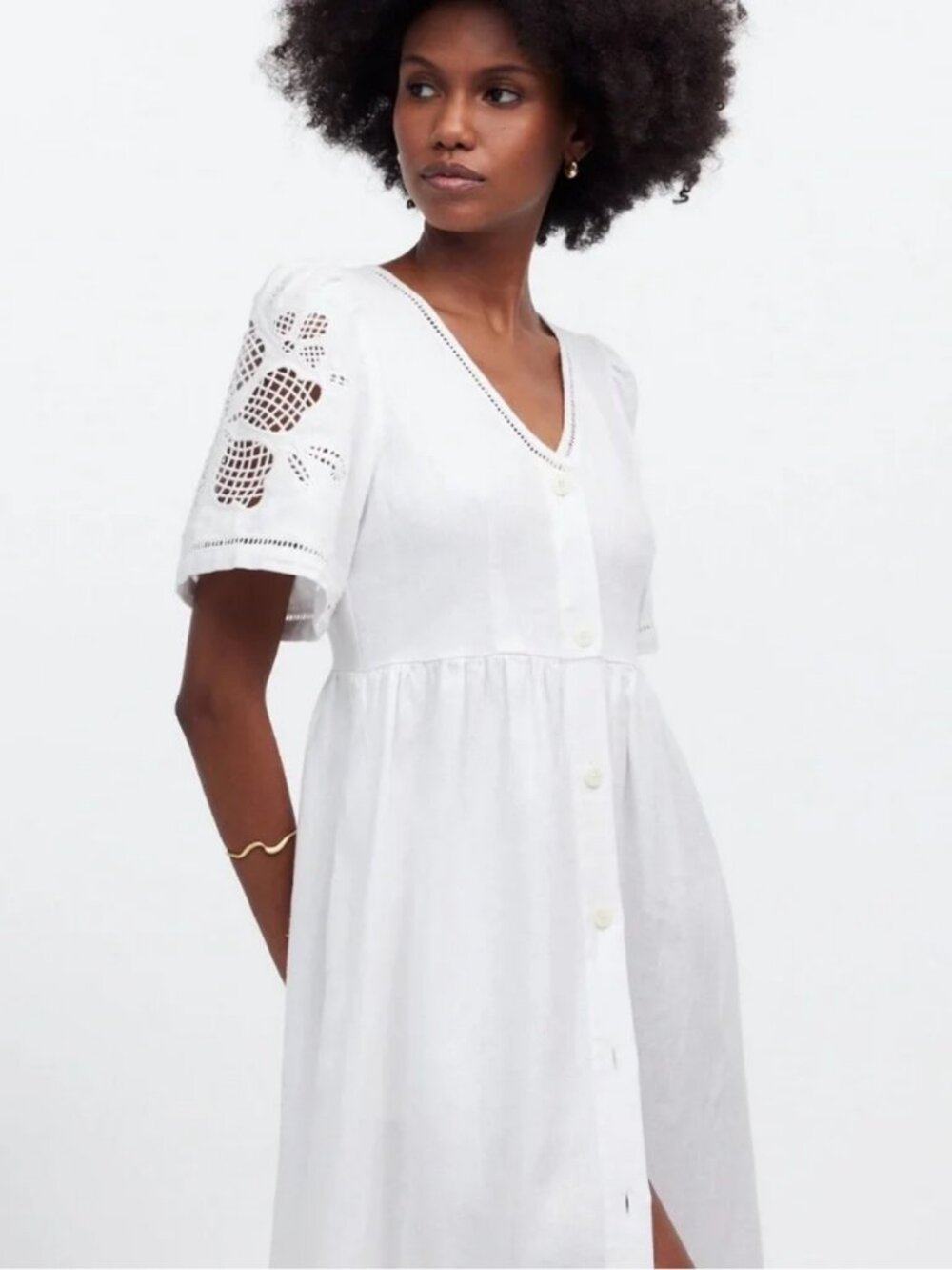 🤍 Madewell White Linen Midi Dress M 🌿 Cottagecore Embroidered Sleeve Boho - Picture 12 of 13